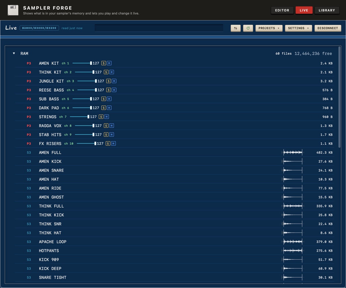 Sampler Forge live screen